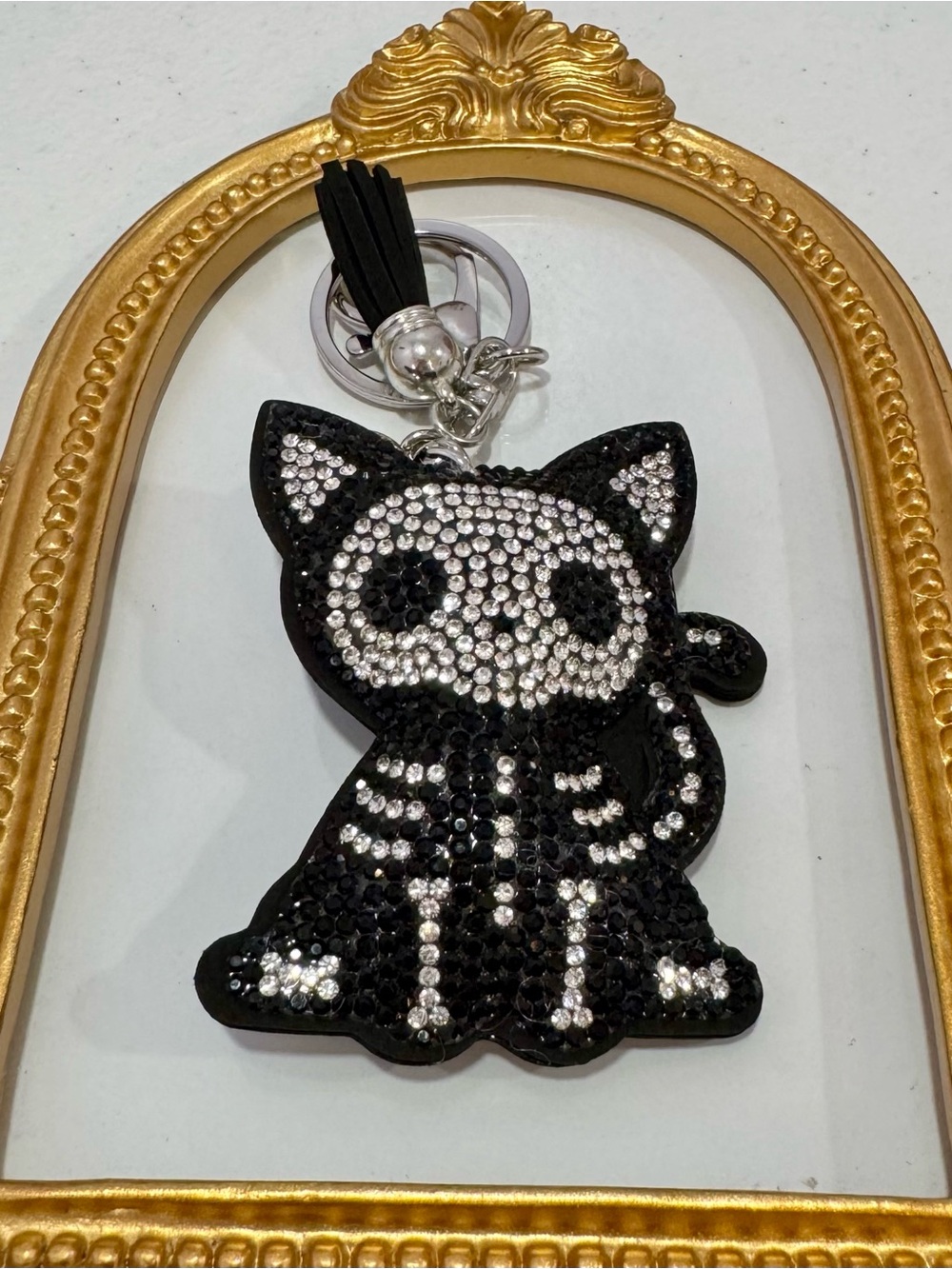 New Crystal Black/Silver Skeleton Cat Keychain Bag Charm
